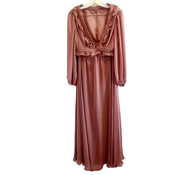 NWT Dessy 4 Lovely $256 Bishop Sleeve Ruffled Chiffon Cutout Maxi Dress - Picture 2 of 8